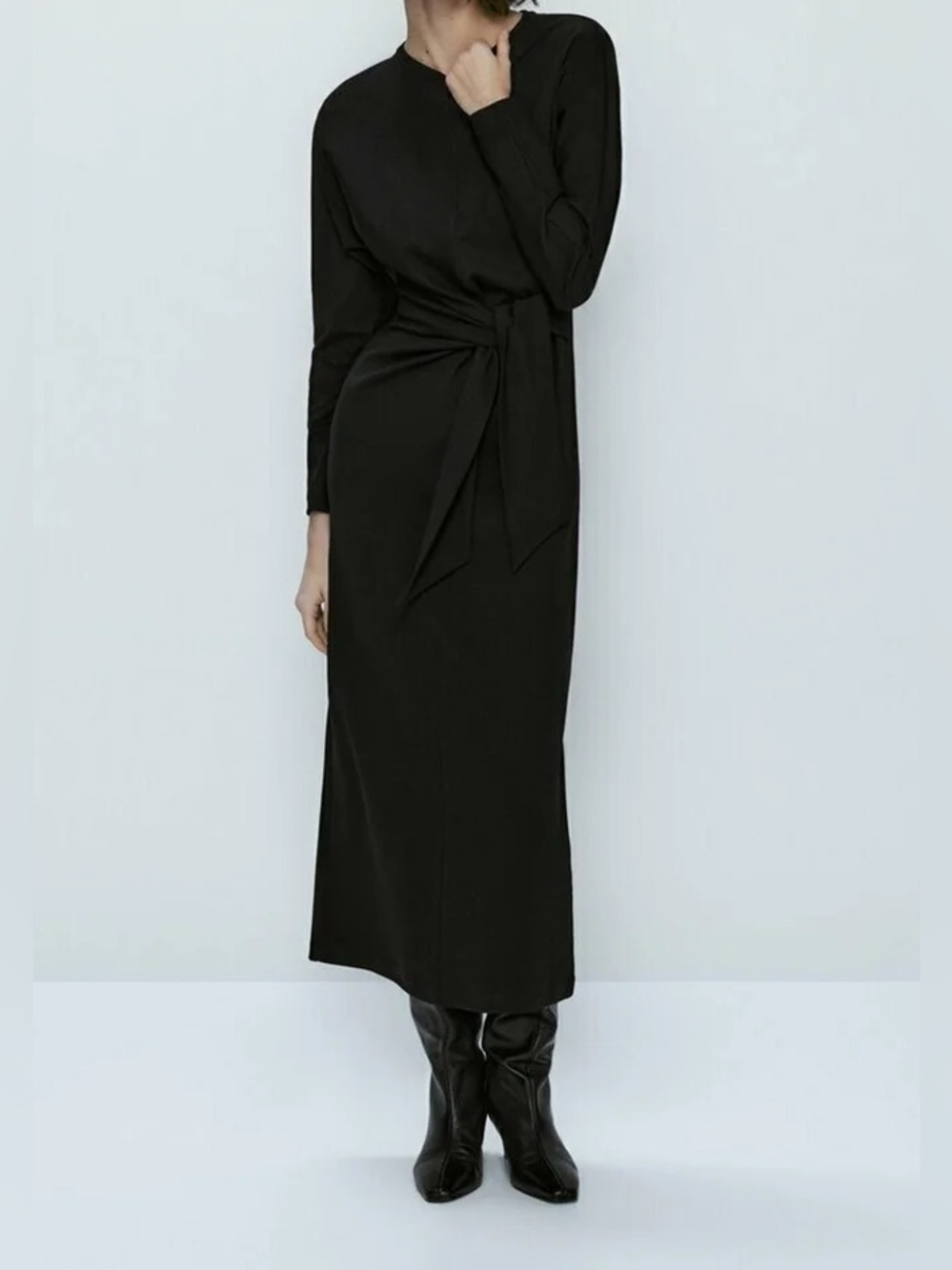 Massimo Dutti Black Tie Waist Midi Dress Long Sleeve Minimalist L 100% Cotton